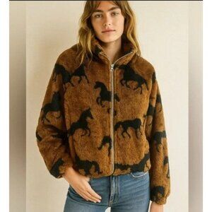 Horse Print Soft Fleece Jacket Full Zip  w/ Pockets by Knapp Studio Size S NWT